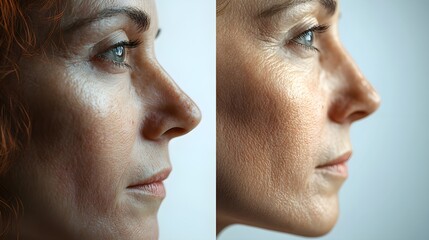 Obraz premium Side-by-side facial comparison showing a patient's skin before and after a facelift, highlighting reduced wrinkles and tightened skin, Photorealistic, High Detail, Soft Lighting