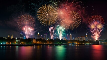Naklejka premium Big city metropolis celebrates new year new year's eve fireworks view from the river.