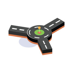 Three way road roundabout with directional navigation indicators