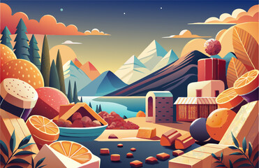 Vibrant landscape with geometric mountain scenery and abstract fruits for creative design