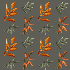 Seamless pattern with orange leaves and green leaves with grey background