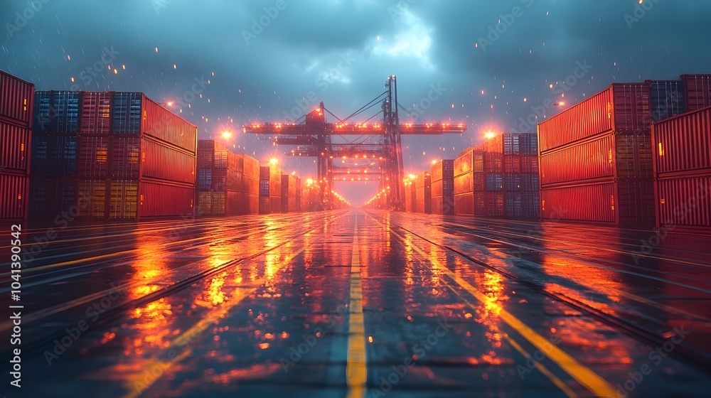 Aufkleber aerial view of a bustling cargo port terminal with rows of stacked shipping containers under a moody