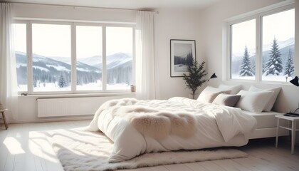 Fototapeta premium White Scandinavian bedroom with a snow background