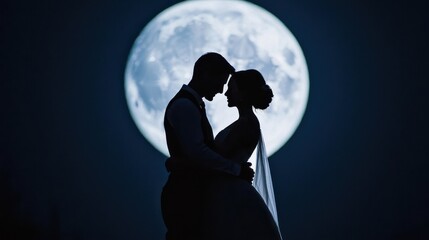Couple silhouette in love under a full moon backdrop.