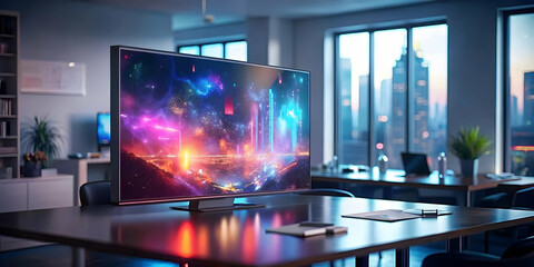 Soft Abstract Holographic Business Presentation in Modern Office, Team Engaging, Ample Copy Space for Text or Branding, Creative Business Stock Photo Concept, Digital Innovation Visuals