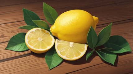 Fresh lemon with leaves on a wooden table
