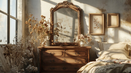 A serene full bedroom mockup featuring a large antique mirror resting on a wooden dresser, surrounded by vintage lace, soft floral bedding, dried flowers and framed wall art cottage core boho interior