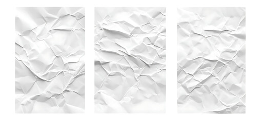 set of White crumpled and creased glued paper isolated transparent background