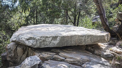 flat stone podium on a rock platform serves as a stylish showcase against a backdrop of verdant forest scenery