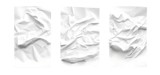 set of White crumpled and creased glued paper isolated transparent background