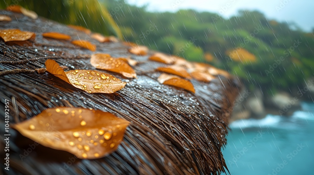 Poster blurred autumn nature background with wet leaves after a rain storm in the forest. raindrop textures