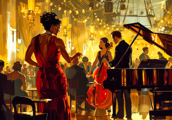 Fototapeta premium Red Dress, Grand Ballroom: A captivating scene of elegance and sophistication. A woman in a vibrant red gown stands amidst a lively ballroom.