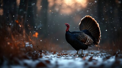 A wild turkey stands proudly in a snowy forest, its tail feathers spread wide.