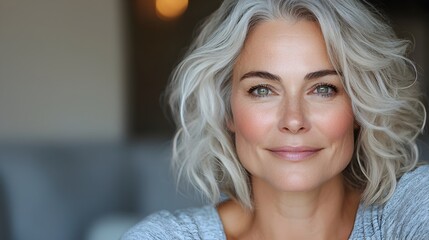 Naklejka premium Mature woman with gray curly hair sitting comfortably on a cozy sofa smiling gently at the in a relaxed and inviting house setting