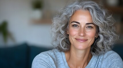 Portrait of a smiling mature woman with gray curly hair sitting comfortably on a sofa in a cozy and welcoming living room environment