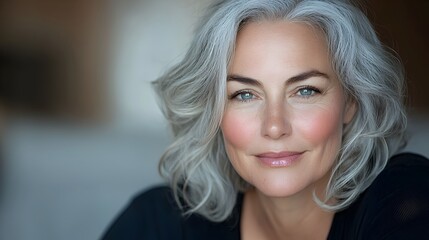 Fototapeta premium Mature Woman with Gray Curly Hair Sitting Comfortably on a Sofa in Her Cozy Welcoming Living Room Smiling Softly at the