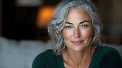 Fototapeta premium Mature woman with gray curls sitting comfortably on a sofa in her cozy living room smiling softly and radiating a sense of warmth contentment and serenity