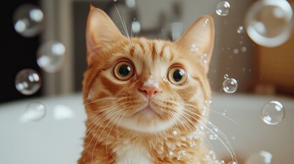 Bath Time Bliss for a Pampered Pet, Funny Furry Friend in a Luxurious Bathroom:Playful Pet in a Bubble Bath.Concept of pet pampering, luxury lifestyle, humor, animal care, pet products.