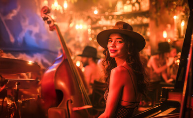 Jazz Club Nights: A captivating portrait of a female musician in a dimly lit jazz club, exuding...