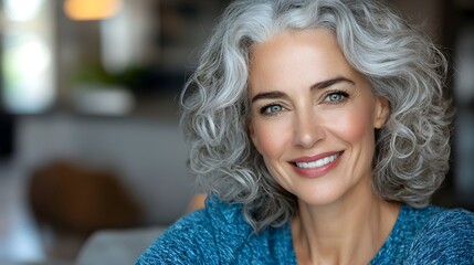 Fototapeta premium Mature woman with curly gray hair sitting on a comfortable sofa and smiling surrounded by a cozy and warm home interior portraying a positive and welcoming mood