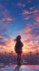 Fototapeta premium Anime girl standing on a rooftop at golden hour, the wind tousling her hair as she watches the sunset, the city lights beginning to flicker on below, the sky awash with warm pink and orange hues,