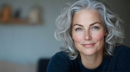 Fototapeta premium Cheerful and Content Older Female Relaxing Comfortably on Soft Couch in Her Cozy Domestic Living Space Smiling Gently at