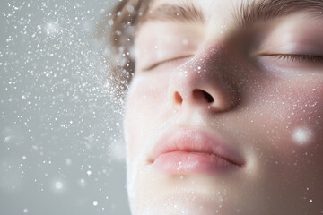 Serene profile of woman gently exhaling fine mist, beautifully showcasing tranquility and calm beauty. Generative AI