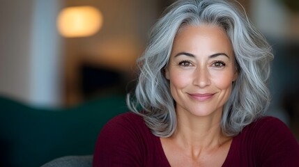 Fototapeta premium Peaceful and content mature woman in her 50s sitting comfortably on a sofa smiling softly in a warm and cozy home environment