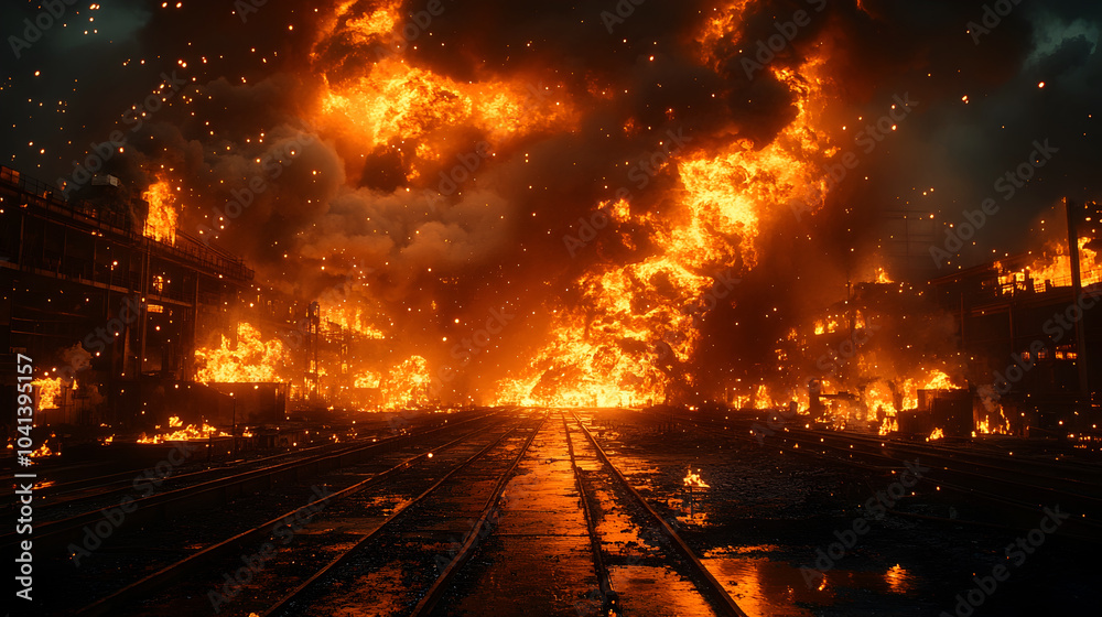 Poster catastrophic inferno engulfing a city in chaotic destruction and mayhem,with raging fires,billowing 
