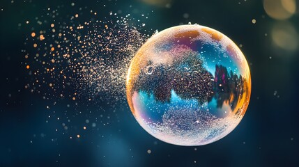 Fototapeta premium Abstract view of a soap bubble bursting mid-air, with tiny droplets and light scattering across a dark background. Soap bubble, dynamic, dark background
