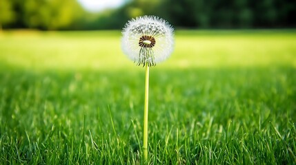 A single dandelion standing tall in a vibrant green field, its delicate seeds ready to be blown away by the wind, symbolizing hope and wishes