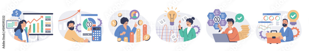 Poster Business analytics concept set with characters in flat design for web. People analyzing data graphs with growth arrows, calculating financial diagram report, monitoring balance. Vector illustrations.