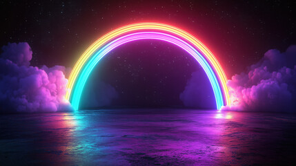vibrant rainbow arching over serene ocean at night creates magical atmosphere