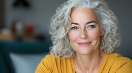 Fototapeta premium A warm and cheerful older woman with curly gray hair is sitting comfortably on a plush sofa smiling softly and appearing content and relaxed in her cozy living room setting