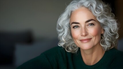Fototapeta premium A mature woman with curly gray hair smiles warmly as she relaxes comfortably on a couch in a cozy and inviting living room setting
