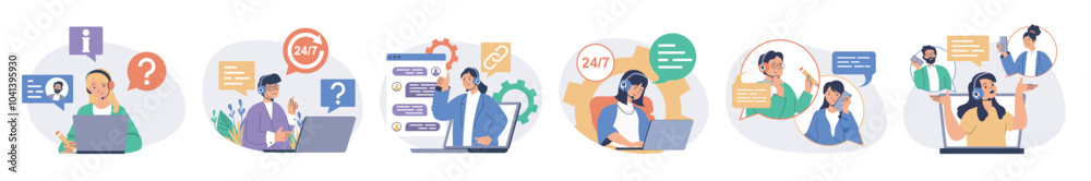 Poster Call center concept set with characters in flat design for web. People work as operators in support service, answering calls and online messages, consulting and helping clients. Vector illustrations.