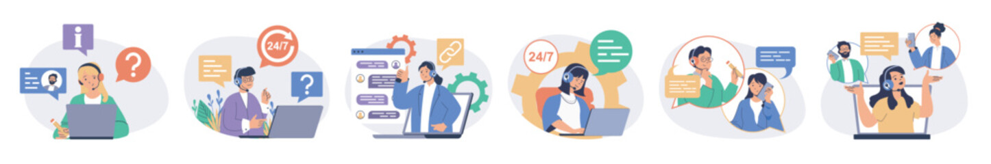 Call center concept set with characters in flat design for web. People work as operators in support service, answering calls and online messages, consulting and helping clients. Vector illustrations.