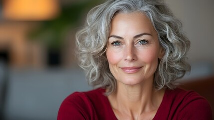 Fototapeta premium Cheerful Older Woman with Gray Curly Hair Sitting on Comfortable Couch and Smiling Softly in Cozy Living Room Setting