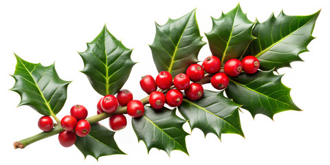  Branch holly tree with berries on white .png
