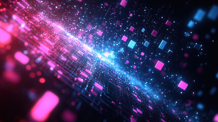 Fototapeta premium Vibrant digital landscape with glowing cubes and particles in motion