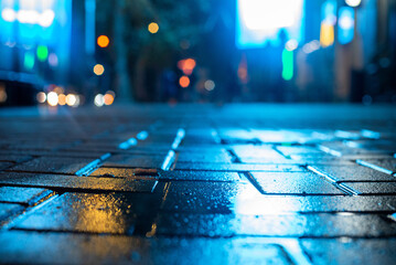 A rainy night in the city, with shop window reflections shimmering on the wet pavement. 