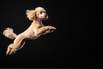 Poodle jumping gracefully, curly fur bouncing with each leap, elegant motion on a clean black backdrop
