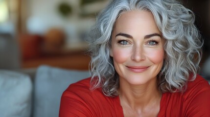 Fototapeta premium Portrait of a happy middle aged woman with curly gray hair sitting on a comfortable couch and smiling warmly at the in a cozy and inviting living room environment