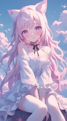 Playful anime girl with cat ears, lounging on soft pastel clouds, her eyes sparkling with mischief, surrounded by a dreamy sky filled with light pinks and purples,
