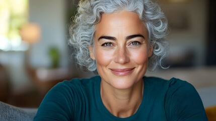 Cheerful Middle Aged Woman with Curly Gray Hair Sitting Comfortably on a Couch in a Cozy and Inviting Living Room Setting Smiling and Looking at the with a Warm Friendly Expression