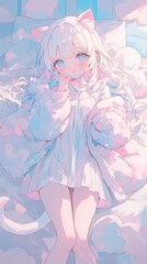 Playful anime girl with cat ears, standing on a bed of pastel-colored clouds, her eyes glowing with excitement, the soft hues of pink and baby blue clouds wrapping around her, her tail swishing,