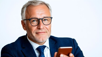Confident Middle Aged Businessman in Formal Attire Holding Smartphone and Glancing Off to the Side with a Smile on a White Background