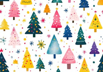 Obraz premium Colorful whimsical Christmas tree pattern with cute symmetrical designs and festive elements