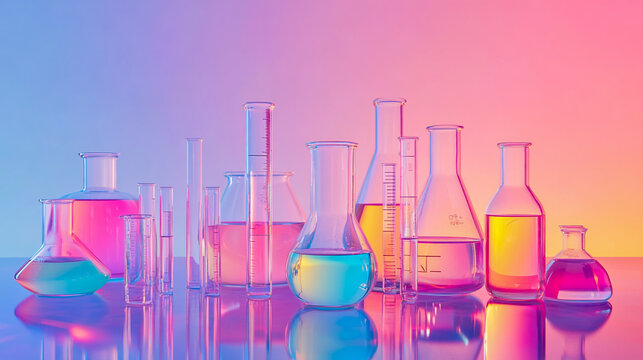 The various glassware of the laboratory, including beakers and test tubes filled with colorful liquids.
