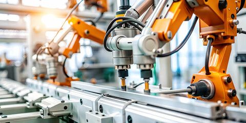 Macro Close Up AI Integrated Production Machinery Manufacturing Facility Showcasing AI Technology Industrial Equipment Ample Copy Space Photo Stock Concept